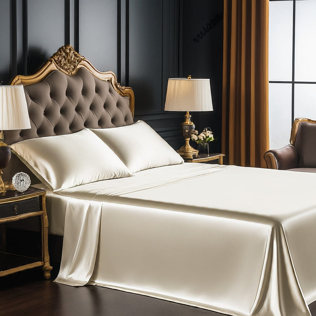 22 momme silk flat ivory sheet in bedromm
